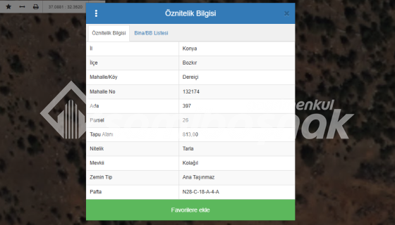 Konya Bozkır Dereiçi Kolağıl Mevkisinde 813 m2 Satılık  Tarla 