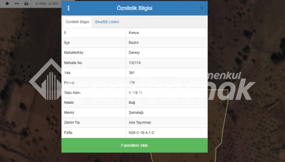 Konya Bozkır Dereiçi Şamalağı Mevkisinde 4.119 m2 Satılık Bağ